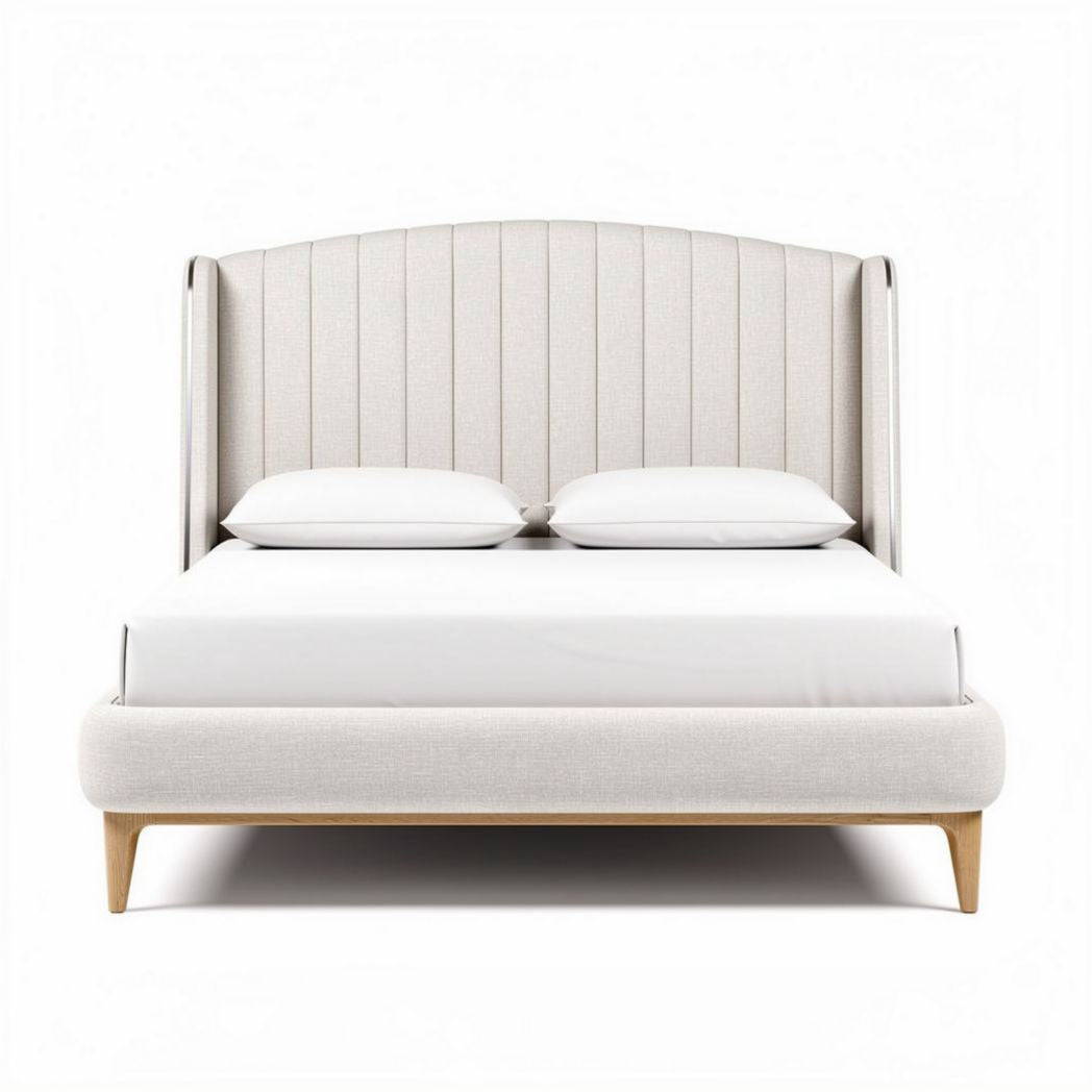 Upholstered bed frame with curved headboard in beige fabric 200 x 160 x 100cm
