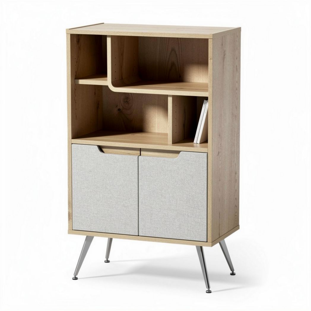 Wooden bookshelf with fabric doors and open storage compartments 80 x 40 x 120cm
