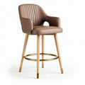 Brown leather bar stool with wooden legs and gold footrest height 100cm