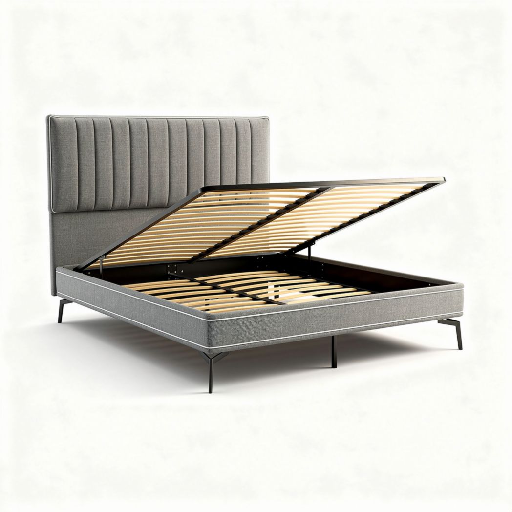 Upholstered platform bed frame with storage space and wooden slats 200 x 160 x 30cm