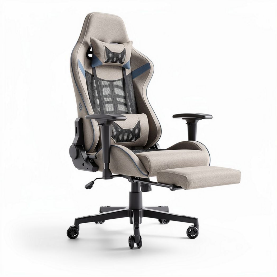 Ergonomic gaming chair with adjustable lumbar support and breathable fabric in light beige