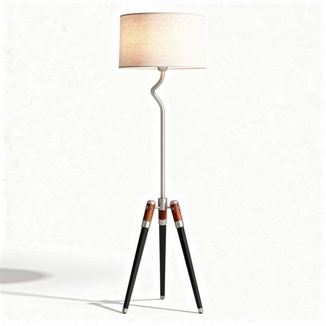 Floor lamp with linen shade and wooden tripod base 25 x 25 x 150cm