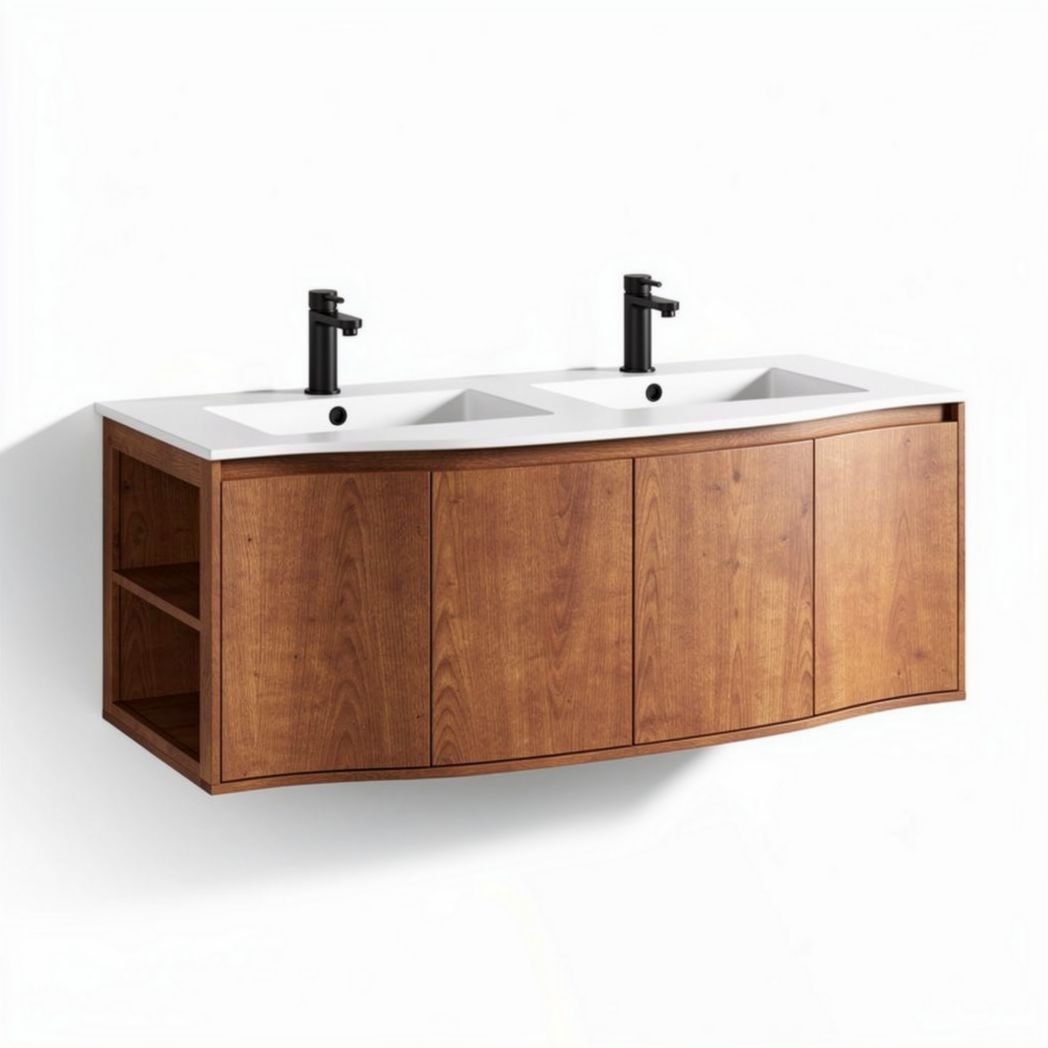 Double sink bathroom vanity with wooden cabinet and white countertop 120 x 50 x 40cm