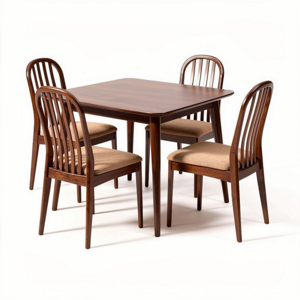 Wooden dining table set with four chairs in walnut finish 150 x 90 x 75cm