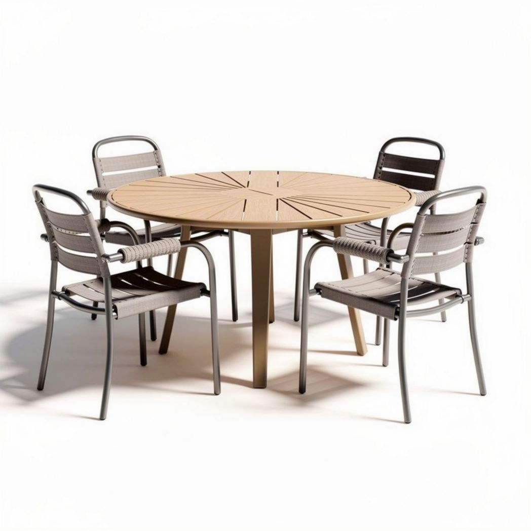 Round outdoor dining table with four aluminum chairs in beige 100 x 100 x 75cm